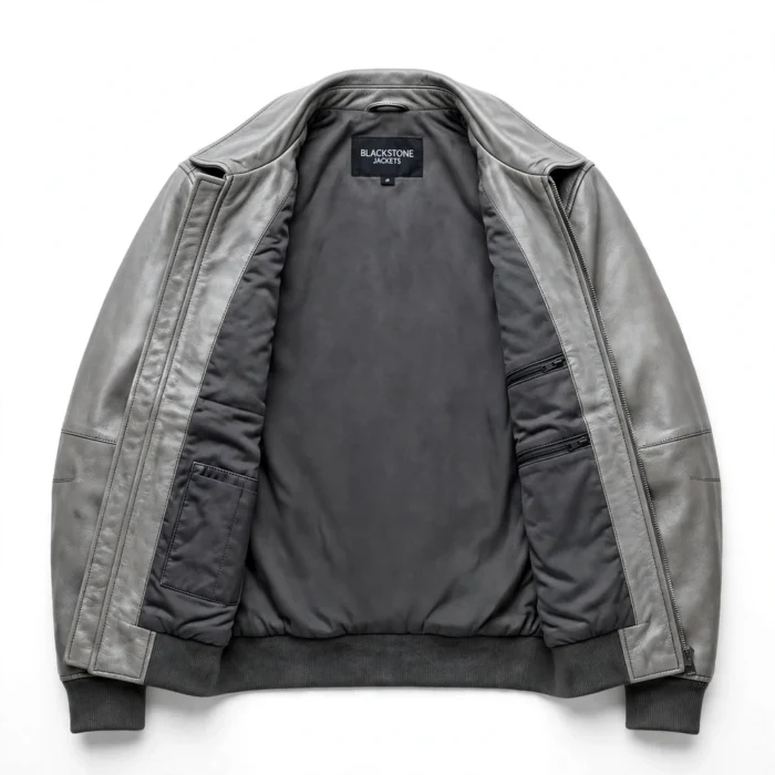 Pininfarina Leather Jacket inner view — plain lining with inside pockets and Blackstone Jackets neck label