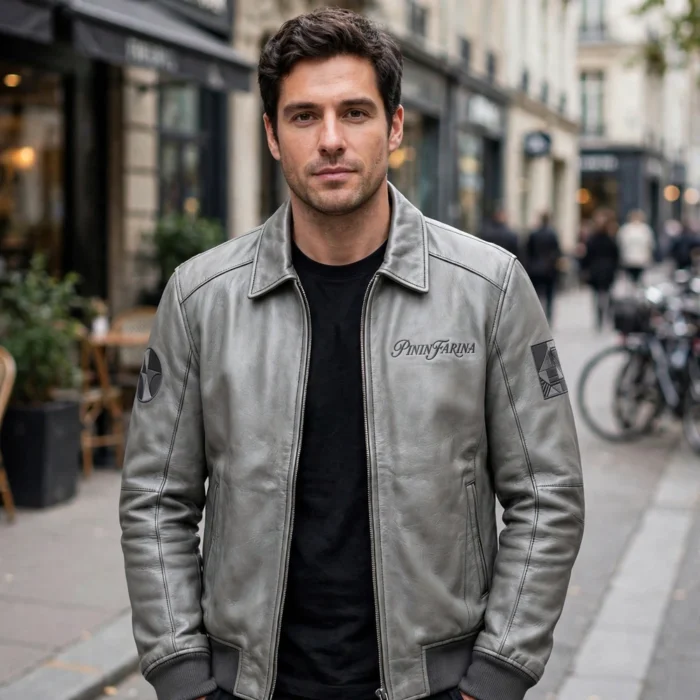 Pininfarina Leather Jacket model view — front-facing model wearing the silver grey elegance racer jacket with chest embroidery
