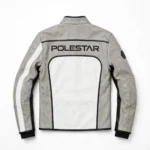 Polestar Leather Jacket back view, light grey with white panels modern performance racer jacket