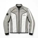 Polestar Leather Jacket front view, light grey with white panels modern performance racer jacket