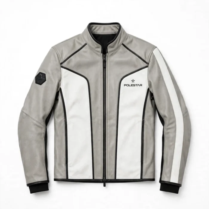 Polestar Leather Jacket front view, light grey with white panels modern performance racer jacket
