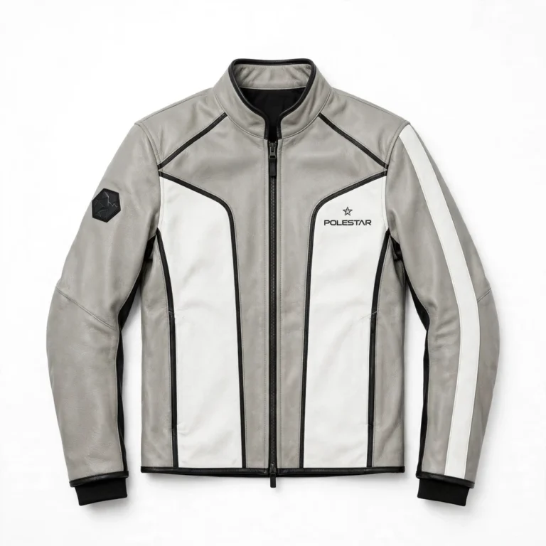 Polestar Leather Jacket front view, light grey with white panels modern performance racer jacket