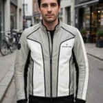 Model wearing the Polestar Leather Jacket, light grey with white panels modern performance racer jacket