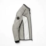 Polestar Leather Jacket side view, light grey with white panels modern performance racer jacket