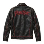 Pontiac Leather Jacket back view, black with red arrowhead-style chest emblem and vintage red trim vintage racer jacket