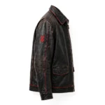 Pontiac Leather Jacket side view, black with red arrowhead-style chest emblem and vintage red trim vintage racer jacket