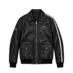 Porsche 911 Leather Jacket front view, black with silver stripes racer jacket