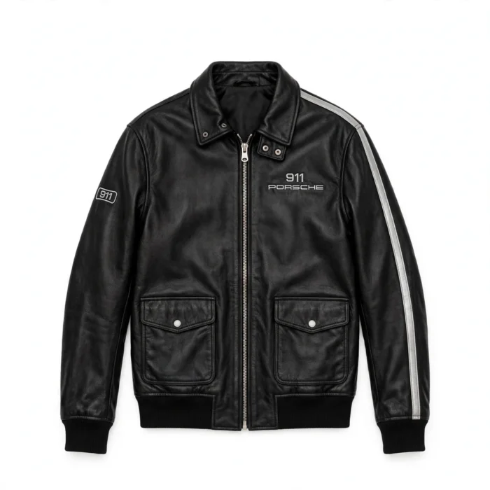 Porsche 911 Leather Jacket front view, black with silver stripes racer jacket