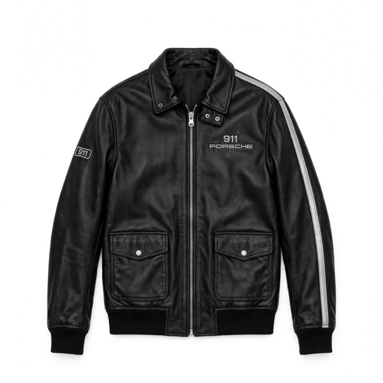 Porsche 911 Leather Jacket front view, black with silver stripes racer jacket