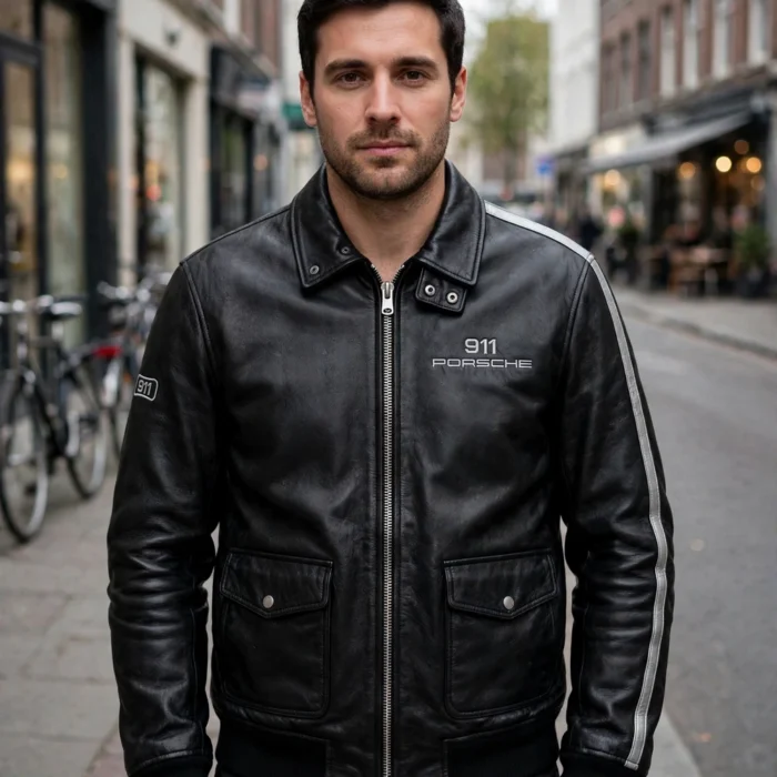 Model wearing the Porsche 911 Leather Jacket, black with silver stripes racer jacket