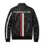 Porsche Leather Jacket back view, black with white and red racing stripes racer jacket