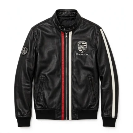 Porsche Leather Jacket front view, black with white and red racing stripes racer jacket