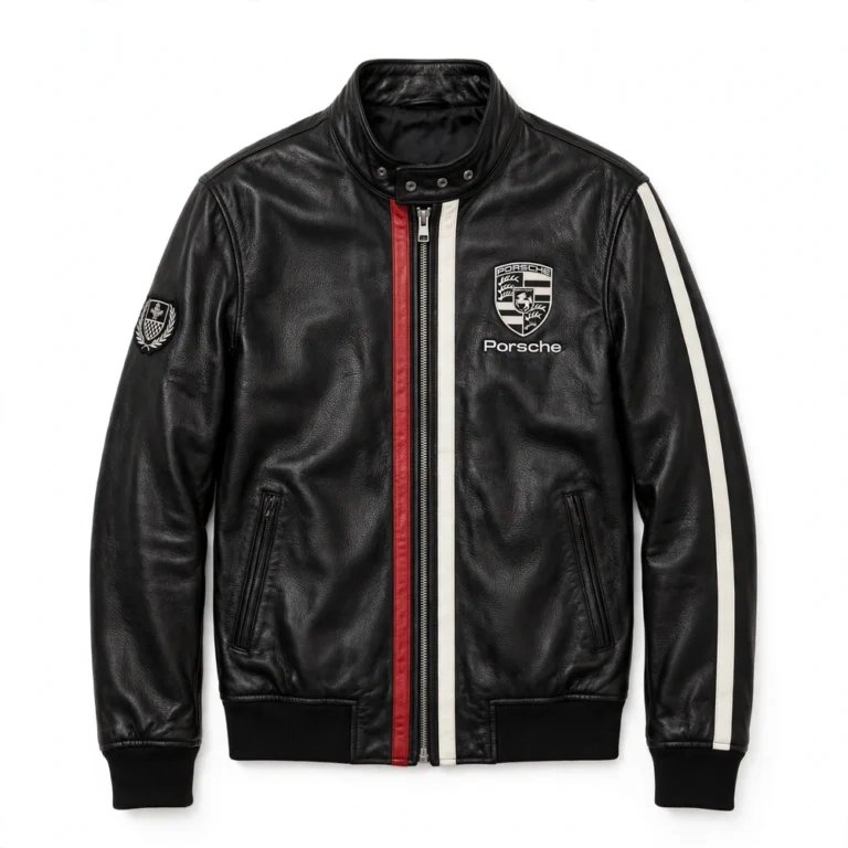 Porsche Leather Jacket front view, black with white and red racing stripes racer jacket