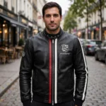 Model wearing the Porsche Leather Jacket, black with white and red racing stripes racer jacket
