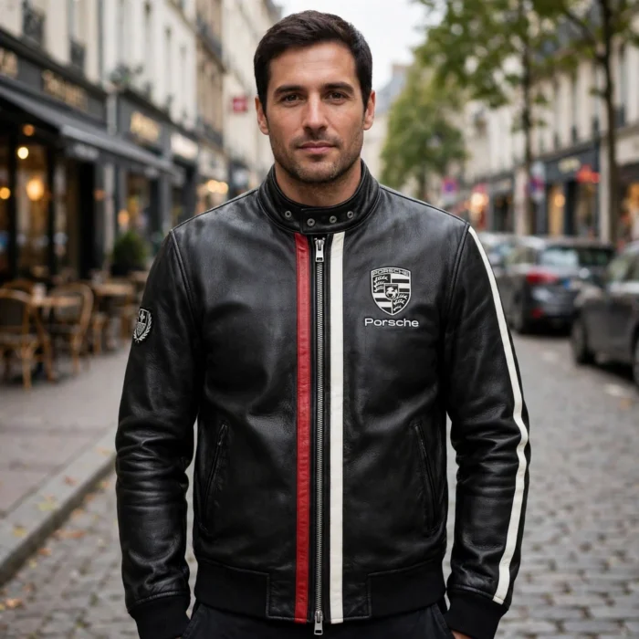 Model wearing the Porsche Leather Jacket, black with white and red racing stripes racer jacket