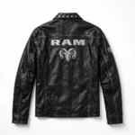 Ram Leather Jacket back view, charcoal-black with silver ram-head-style chest emblem trucker jacket
