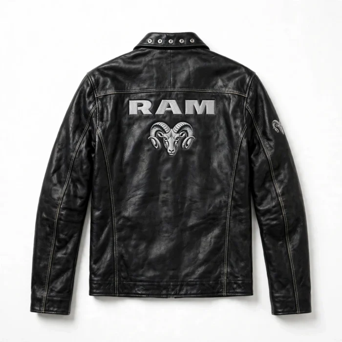 Ram Leather Jacket back view, charcoal-black with silver ram-head-style chest emblem trucker jacket