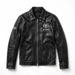 Ram Leather Jacket front view, charcoal-black with silver ram-head-style chest emblem trucker jacket