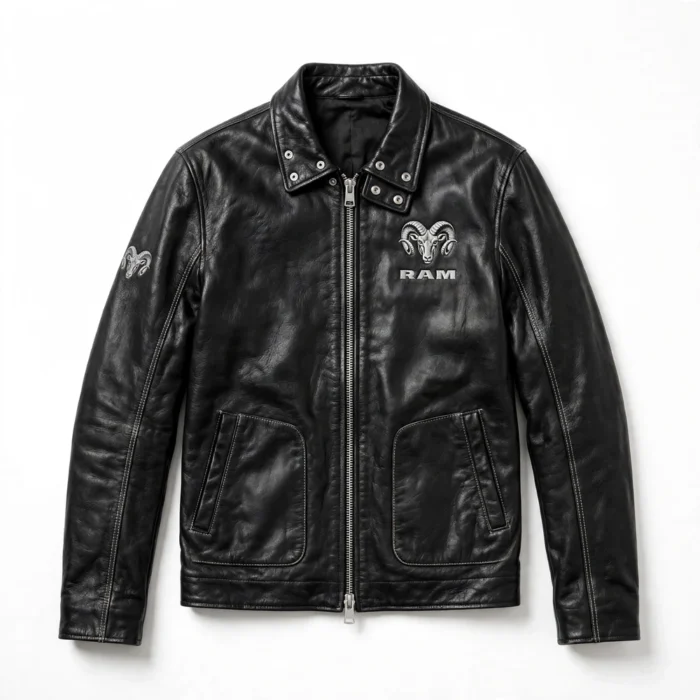 Ram Leather Jacket front view, charcoal-black with silver ram-head-style chest emblem trucker jacket