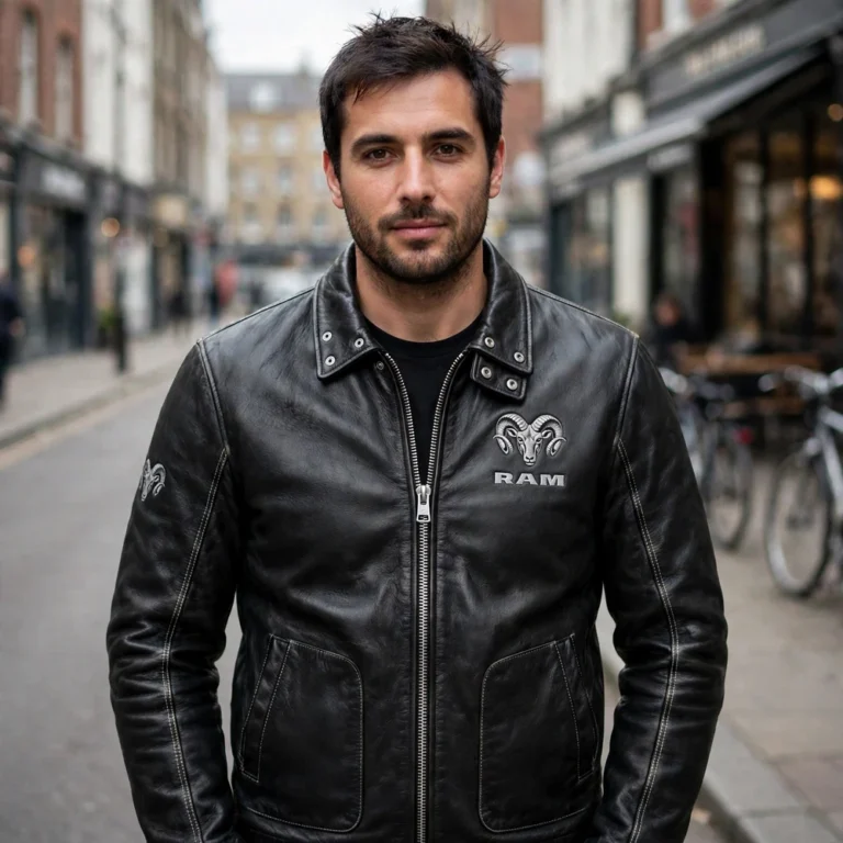 Model wearing the Ram Leather Jacket, charcoal-black with silver ram-head-style chest emblem trucker jacket