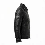 Ram Leather Jacket side view, charcoal-black with silver ram-head-style chest emblem trucker jacket