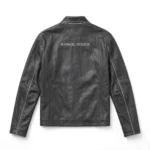 Range Rover Leather Jacket back view, dark charcoal grey with silver trim leather, RANGE ROVER lettering in silver across the upper back
