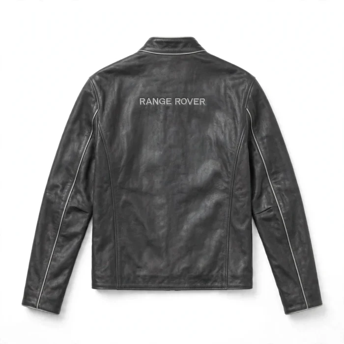 Range Rover Leather Jacket back view, dark charcoal grey with silver trim leather, RANGE ROVER lettering in silver across the upper back