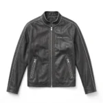 Range Rover Leather Jacket front view, dark charcoal grey with silver trim luxury cruiser jacket, RANGE ROVER wordmark embroidered on the left chest