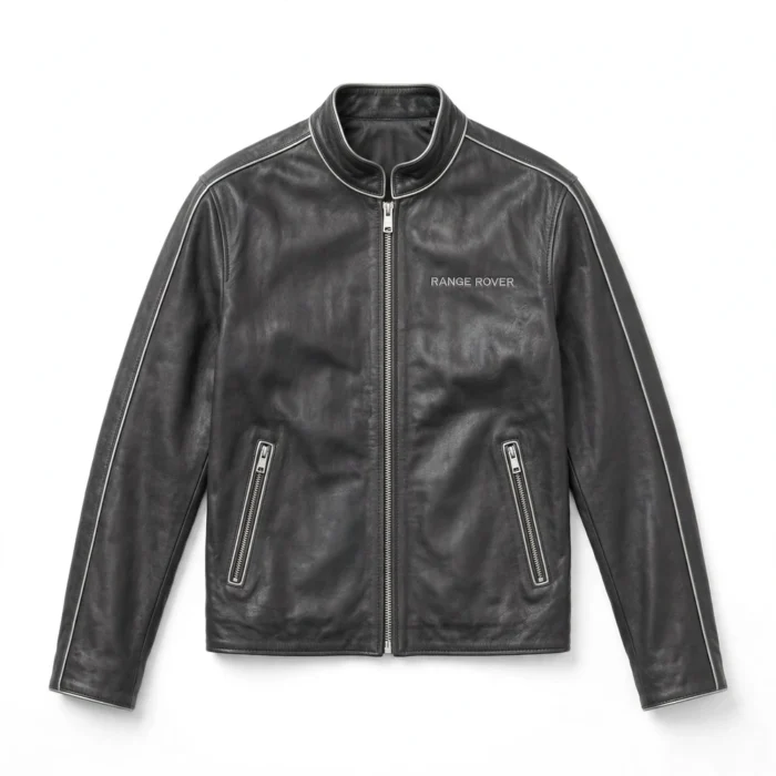 Range Rover Leather Jacket front view, dark charcoal grey with silver trim luxury cruiser jacket, RANGE ROVER wordmark embroidered on the left chest