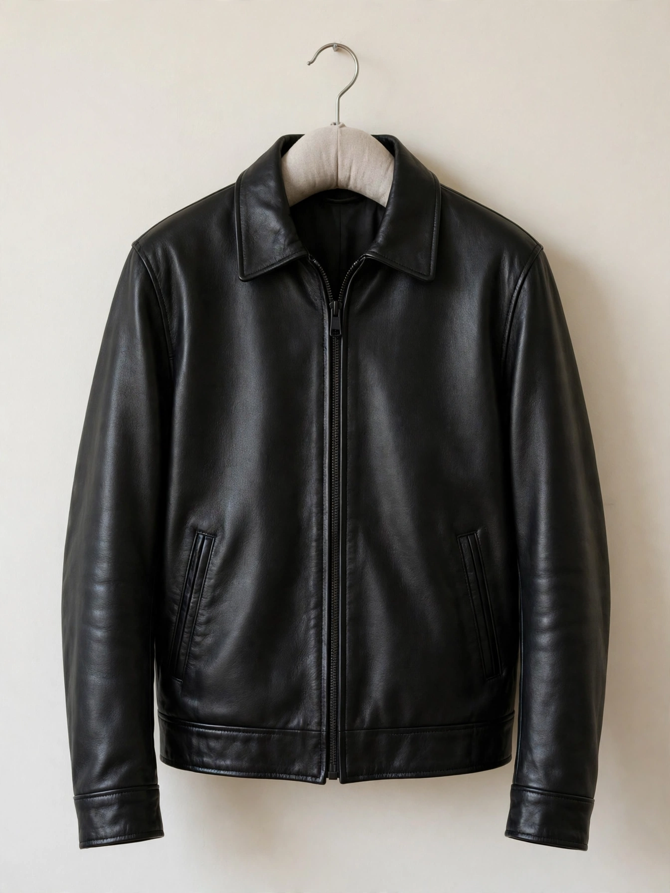 A restored black leather jacket hanging on a wide padded hanger