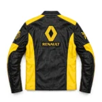Renault Leather Jacket back view — black with yellow panels jacket with back embroidery