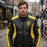 Renault Leather Jacket model view — front-facing model wearing the black with yellow panels jacket with chest embroidery