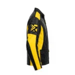 Renault Leather Jacket side view — black with yellow panels jacket with sleeve embroidery