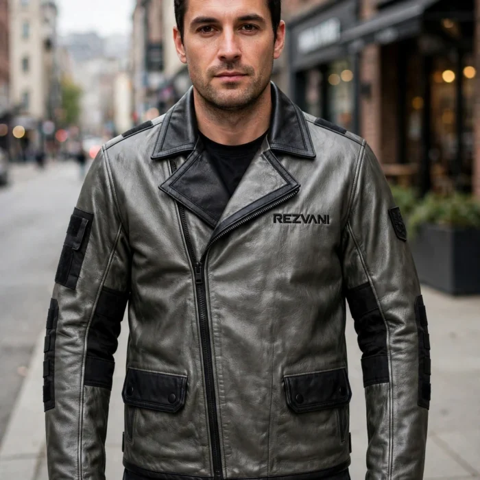 Model wearing the Rezvani Leather Jacket, gunmetal-grey with black tactical trim tactical biker jacket