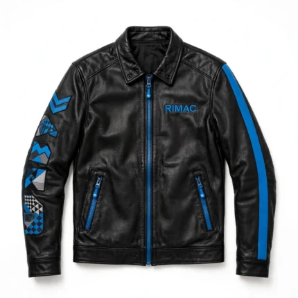 Rimac Leather Jacket front view, black with electric-blue accents racer jacket