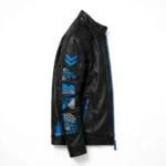 Rimac Leather Jacket side view, black with electric-blue accents racer jacket
