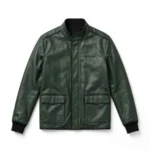 Rivian Leather Jacket front view, forest-green with black minimalist trim minimalist field jacket
