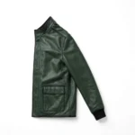 Rivian Leather Jacket side view, forest-green with black minimalist trim minimalist field jacket