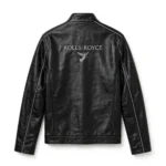 Rolls-Royce Leather Jacket back view, jet black with silver-grey trim leather, ROLLS-ROYCE lettering in silver-grey across the upper back with a small emblem motif below