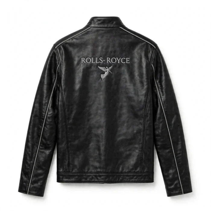 Rolls-Royce Leather Jacket back view, jet black with silver-grey trim leather, ROLLS-ROYCE lettering in silver-grey across the upper back with a small emblem motif below
