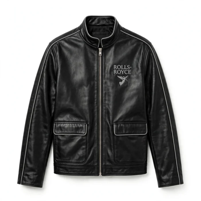 Rolls-Royce Leather Jacket | Phantom Luxury Cruiser | Blackstone Jackets - Front View Rolls-Royce Leather Jacket front view, jet black with silver-grey trim luxury cruiser jacket, ROLLS-ROYCE wordmark with a Spirit-style flying-lady-inspired emblem motif embroidered on the left chest