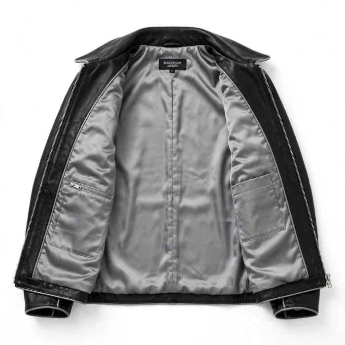 Rolls-Royce Leather Jacket inner view, plain lining with inside pockets and Blackstone Jackets neck label