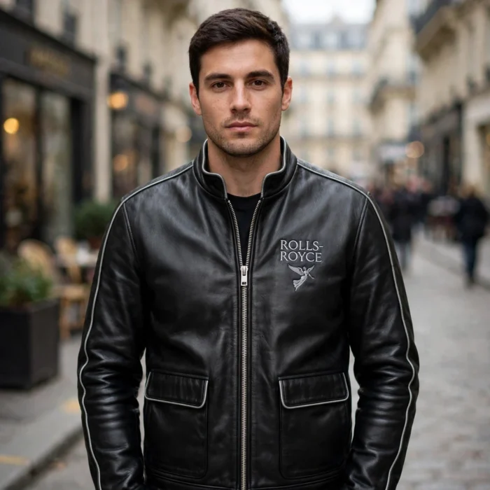 Man wearing the Rolls-Royce Leather Jacket outdoors, front-facing, showing the luxury cruiser jacket and chest embroidery
