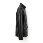 Rolls-Royce Leather Jacket side view, jet black with silver-grey trim luxury cruiser jacket with stand collar
