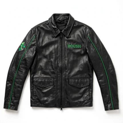 Roush Leather Jacket front view, black with green accents racer jacket