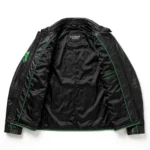 Roush Leather Jacket inner lining view, black satin lining with green trim