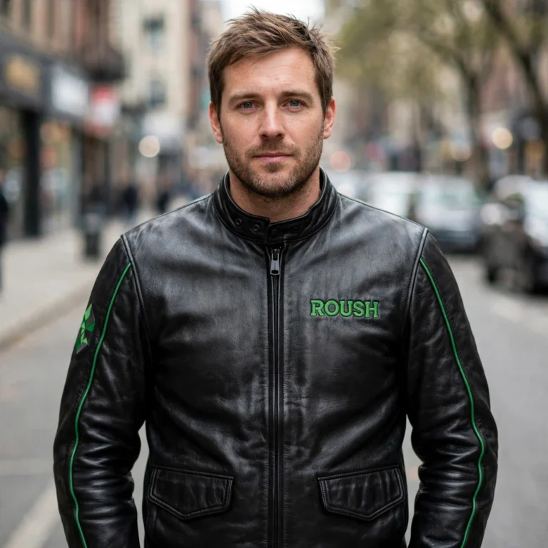 Model wearing the Roush Leather Jacket, black with green accents racer jacket