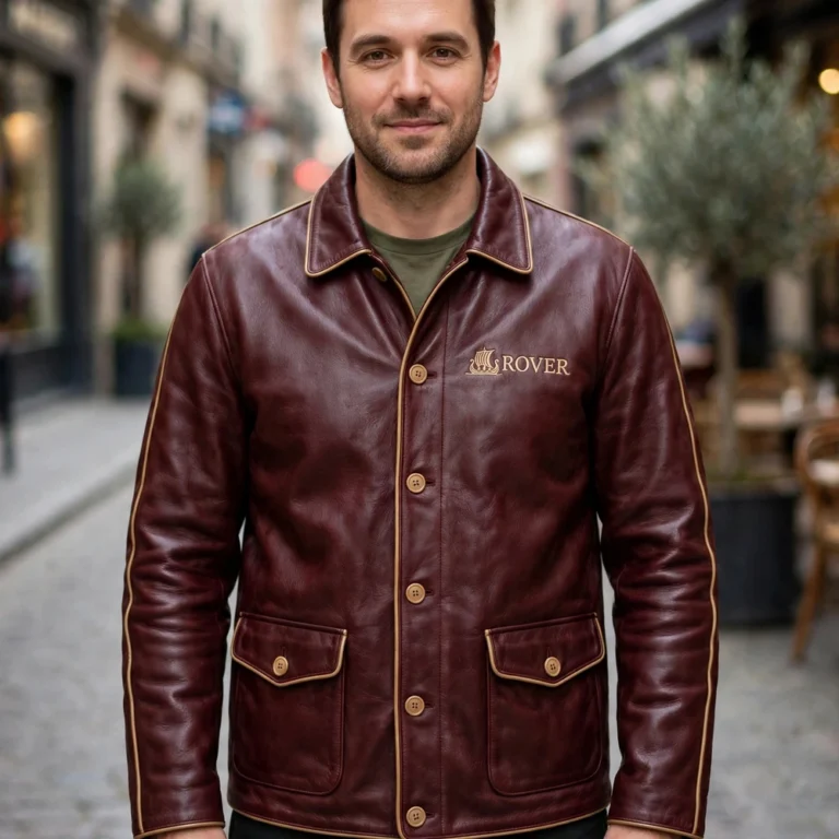 Man wearing the Rover Leather Jacket outdoors, front-facing, showing the heritage cruiser jacket and chest embroidery