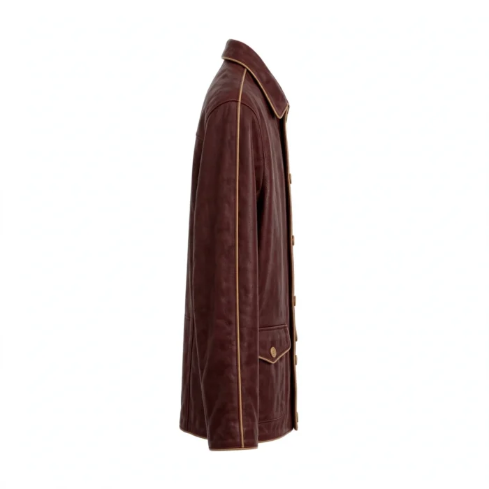 Rover Leather Jacket side view, deep burgundy with tan trim heritage cruiser jacket with shirt-style collar
