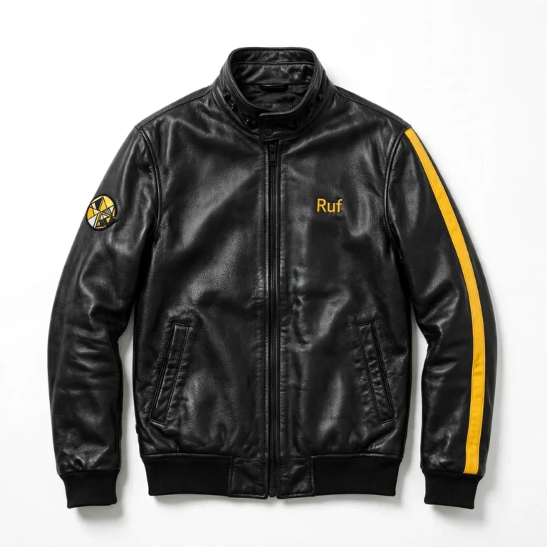 Ruf Leather Jacket front view, black with yellow stripes racer jacket